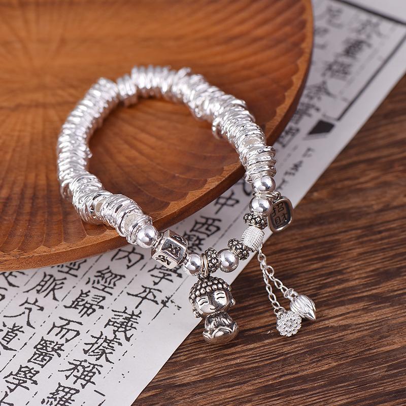 足银手链 999.9纯银缠手链六字真言复古莲花佛手绳招财手串送女友