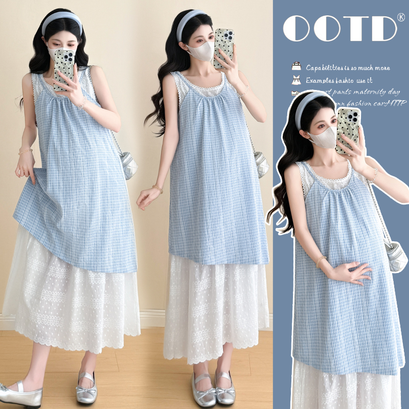 2025孕妇装假两件蕾丝拼接蓝色无袖格子背心连衣裙夏季时尚中长款