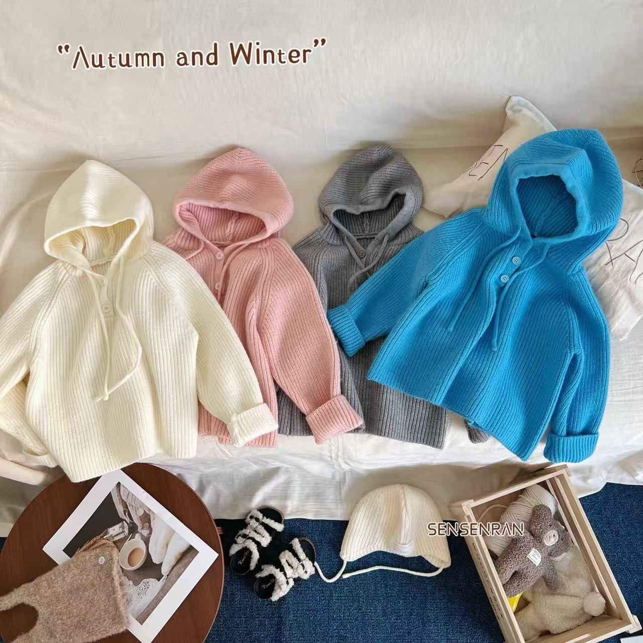 86015 四色连帽针织毛衣2025秋冬新款男女童韩系纯色纽扣毛线衫