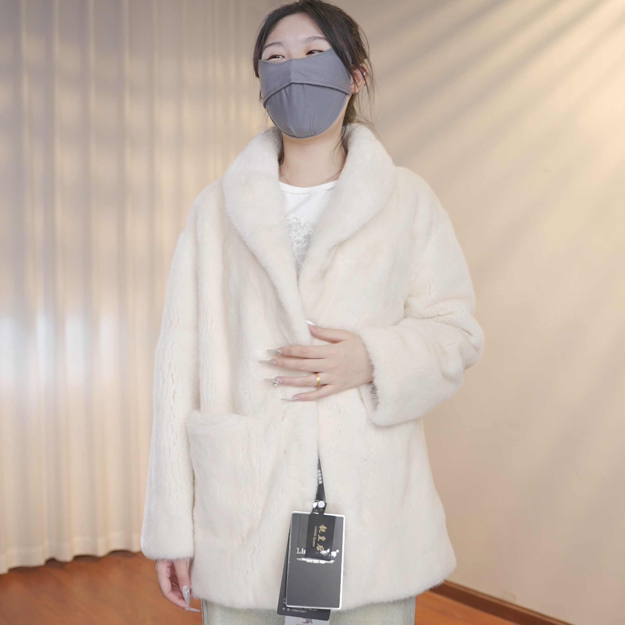 【工厂直销】进口天鹅绒貂大衣女整貂青果领水貂气质外套女中长