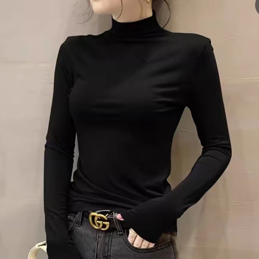 一体领磨毛半高秋季新款韩版显瘦百搭长袖T恤亲肤内搭气质打底衫