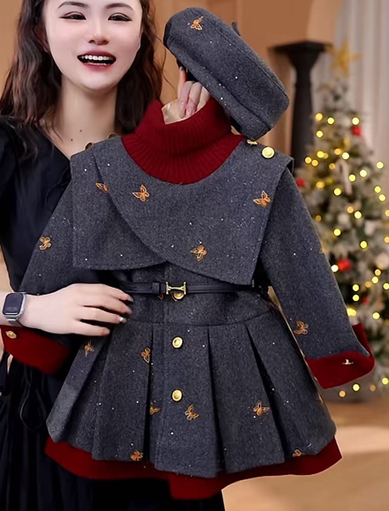 女童毛领呢料外套2026冬季女宝加绒洋气时髦连衣裙高级感年服