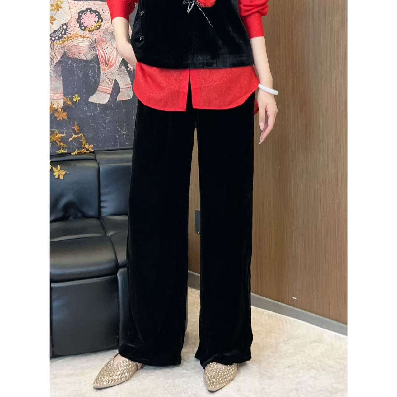 【智贤轻奢】真丝丝绒裤-2026年早春新款桑蚕丝丝绒长款休闲裤