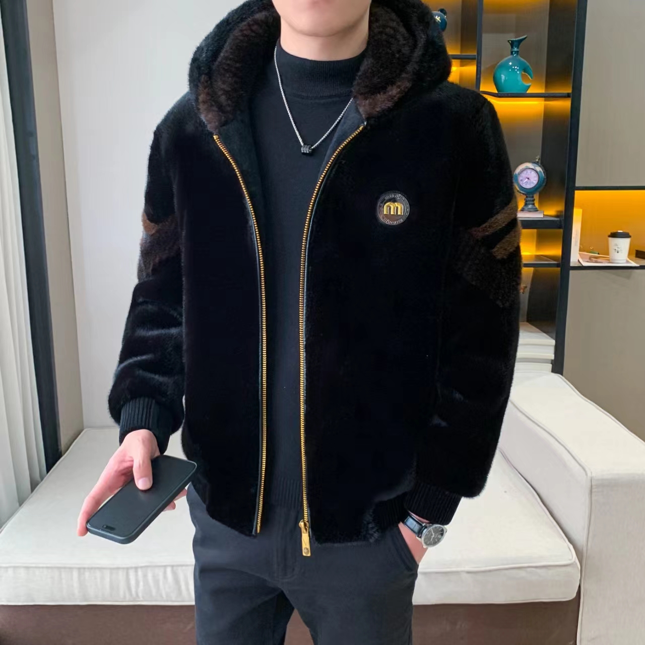 连帽冬款潮流时尚拼色保暖男士黑色厚款貂绒外套中老年男夹克大衣