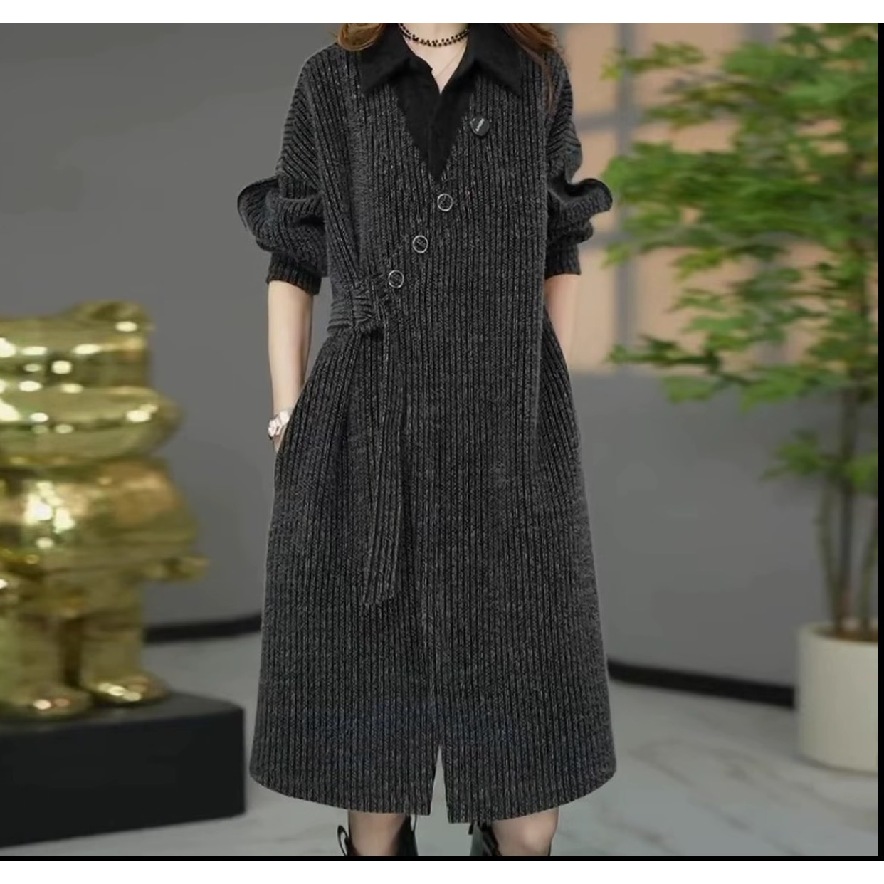 原创设计师款冬季高货欧版加厚保暖假两件宽松遮肉连衣裙打底裙