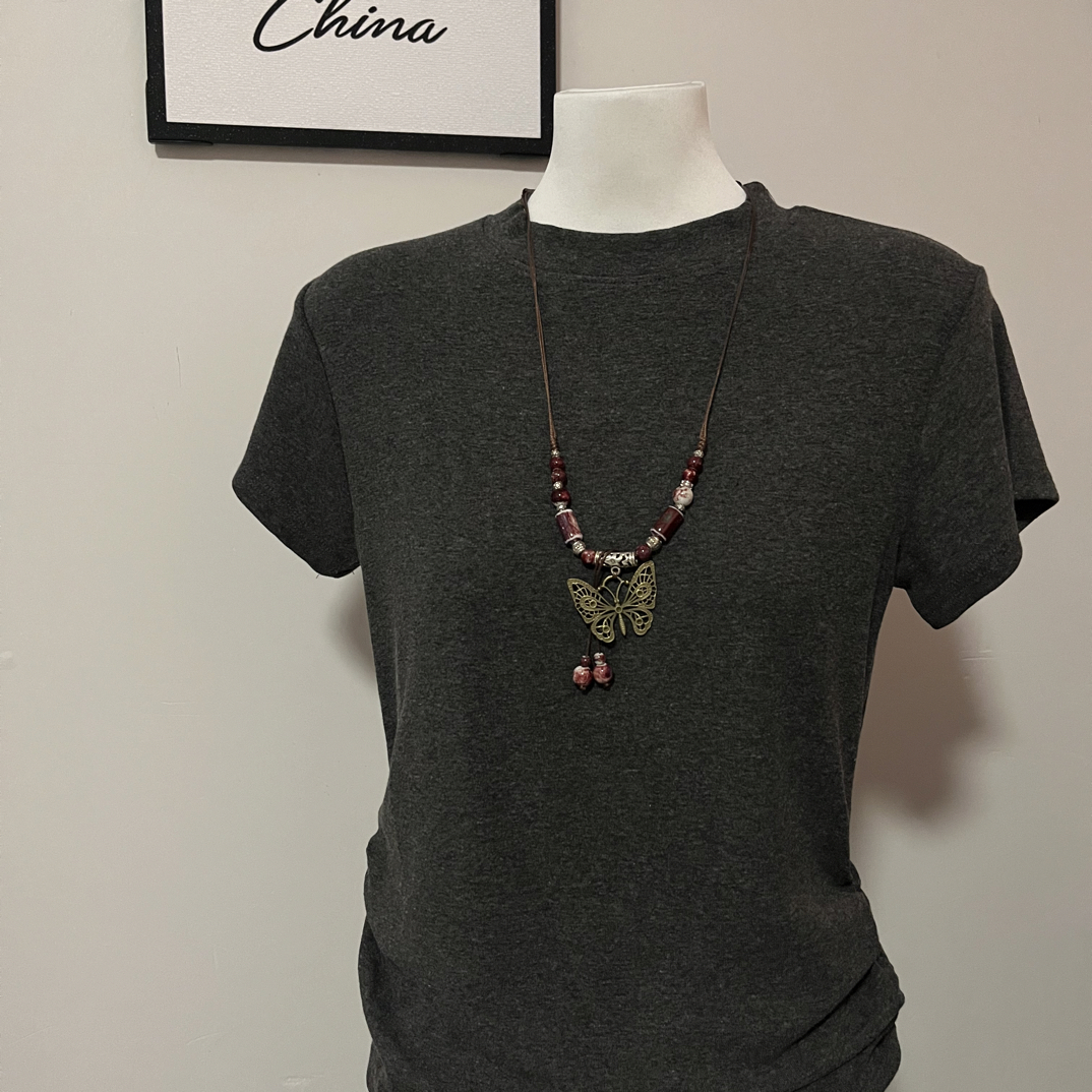 短袖侧边褶皱圆领韩版高腰女式T恤极简风透气常规款