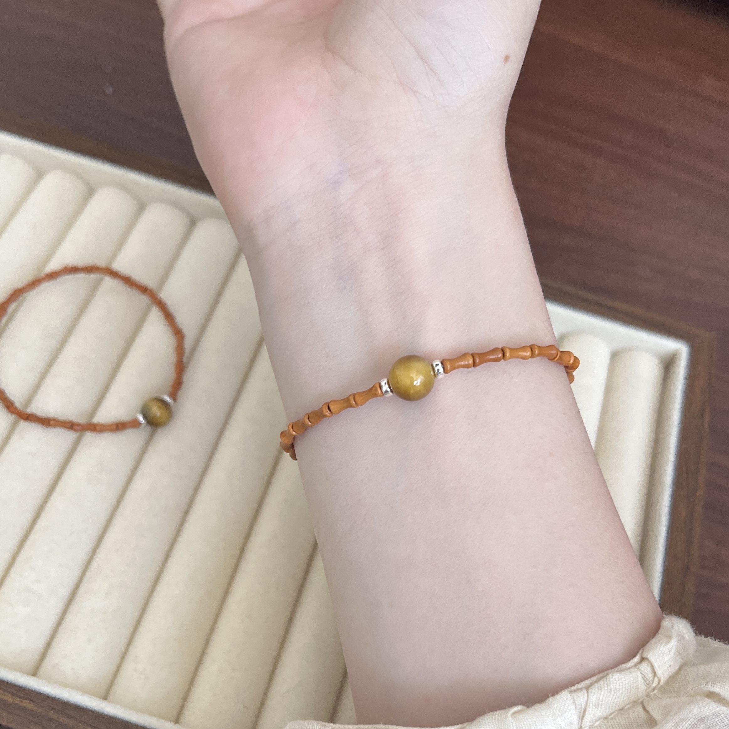 「小斗金」天然橄榄核手链单圈手串s925银新中式小众百搭叠戴神器