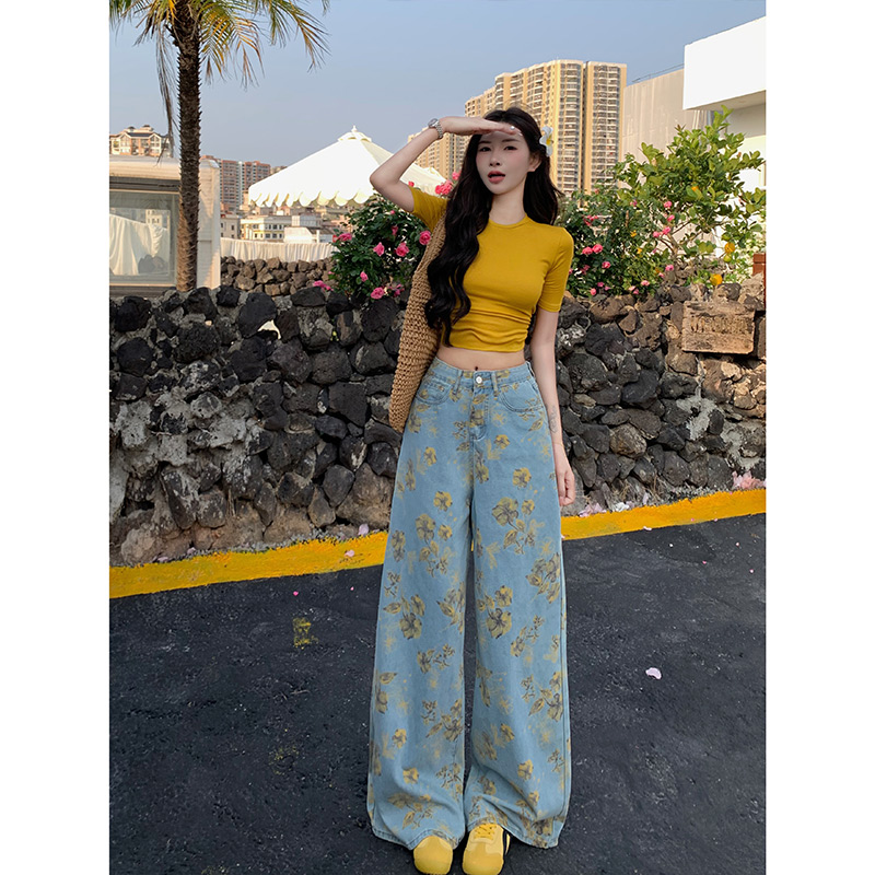 春日浪漫黄碎花阔腿牛仔裤女2025冬季新款高腰慵懒宽松垂感堆堆裤