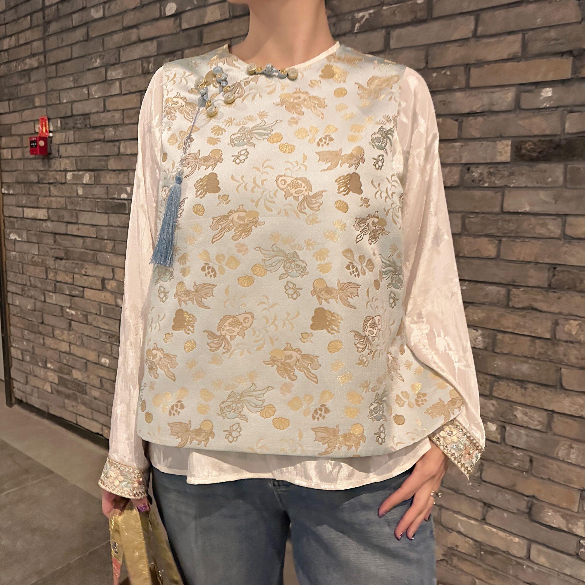 FF 3046｛金鱼•戏水｝新中式人丝宋锦织锦提花金鱼图案手工盘扣马甲