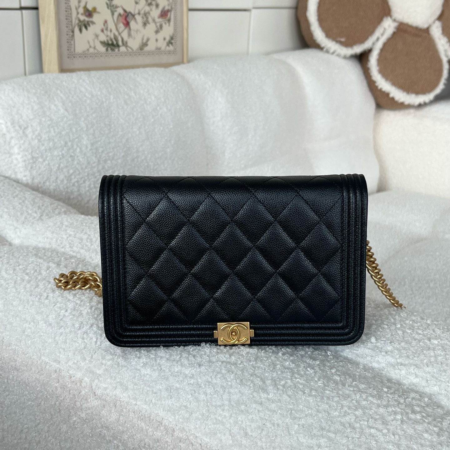 99新 Chanel/香奈儿 /leboywoc黑金荔枝纹牛皮/芯片款/斜挎包Y