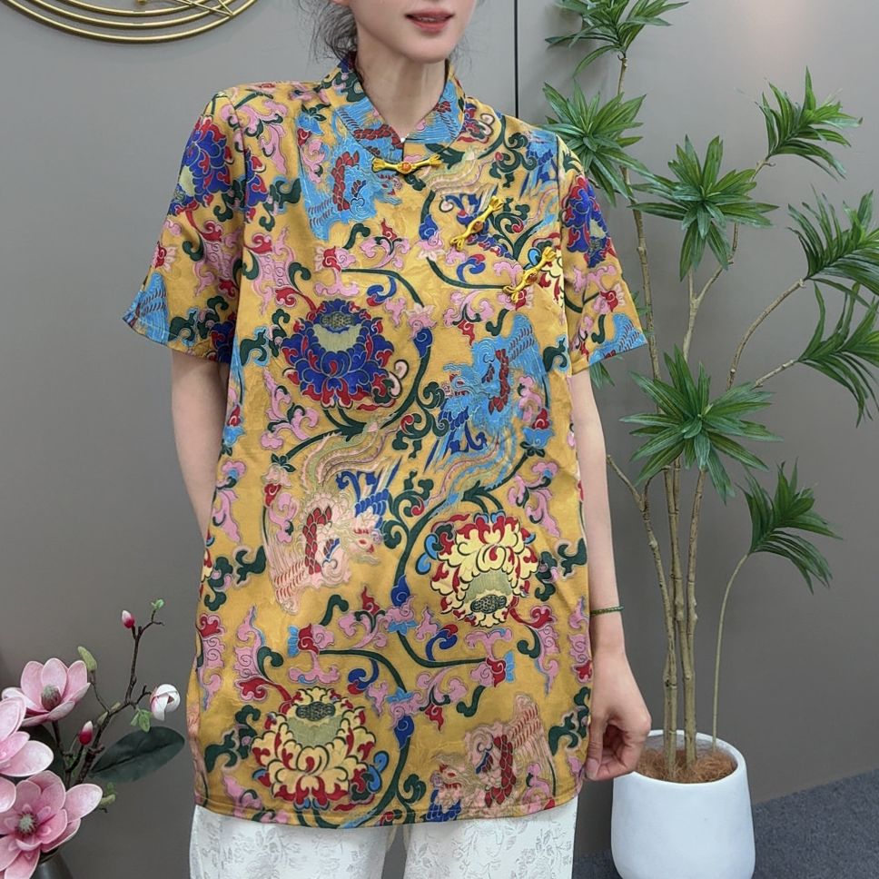 一涵家2025夏款新中式立领盘扣提花短袖国风上衣气质时尚休闲百搭