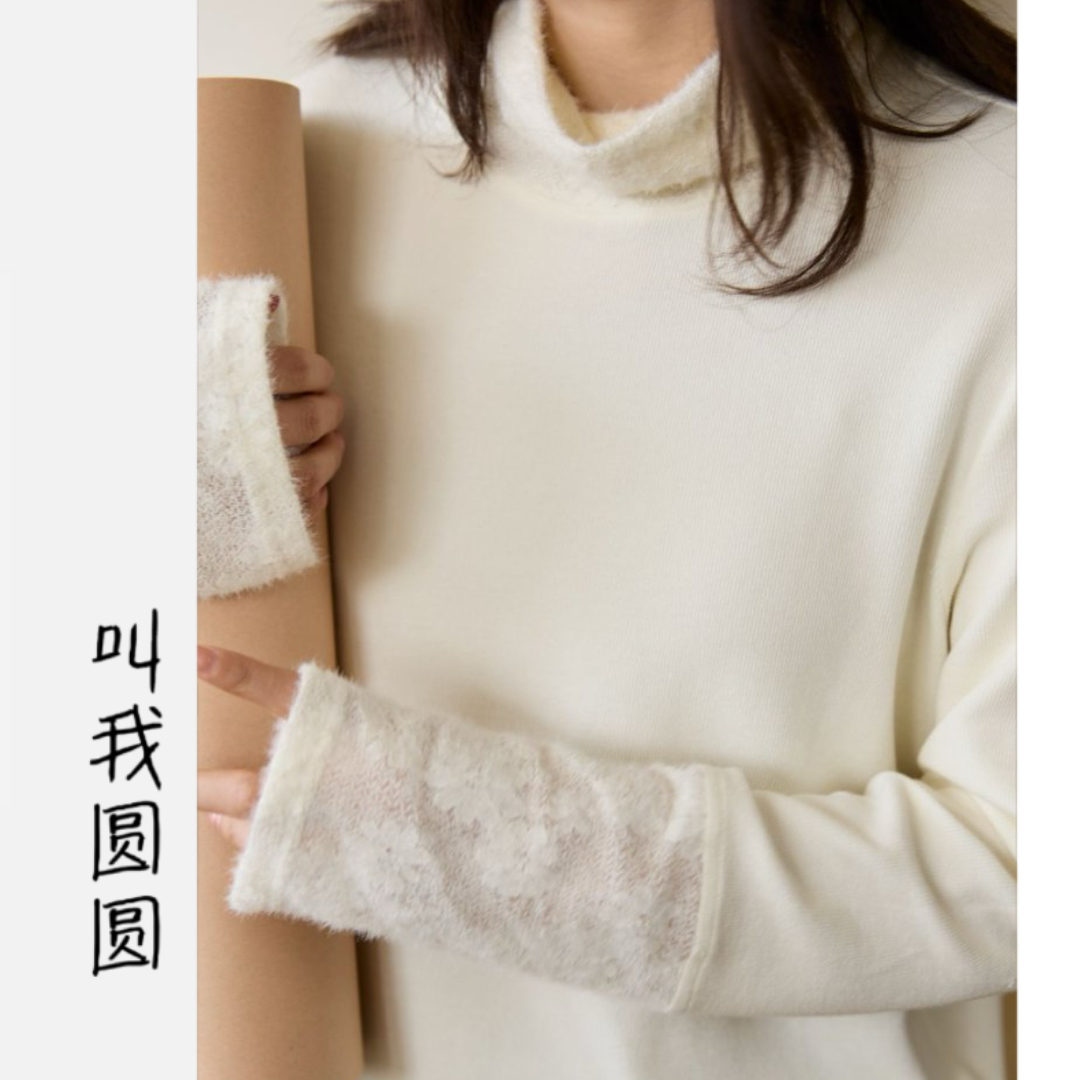圆圆【奶油小调】荡领蕾丝拼接假两件打底 YY 12206