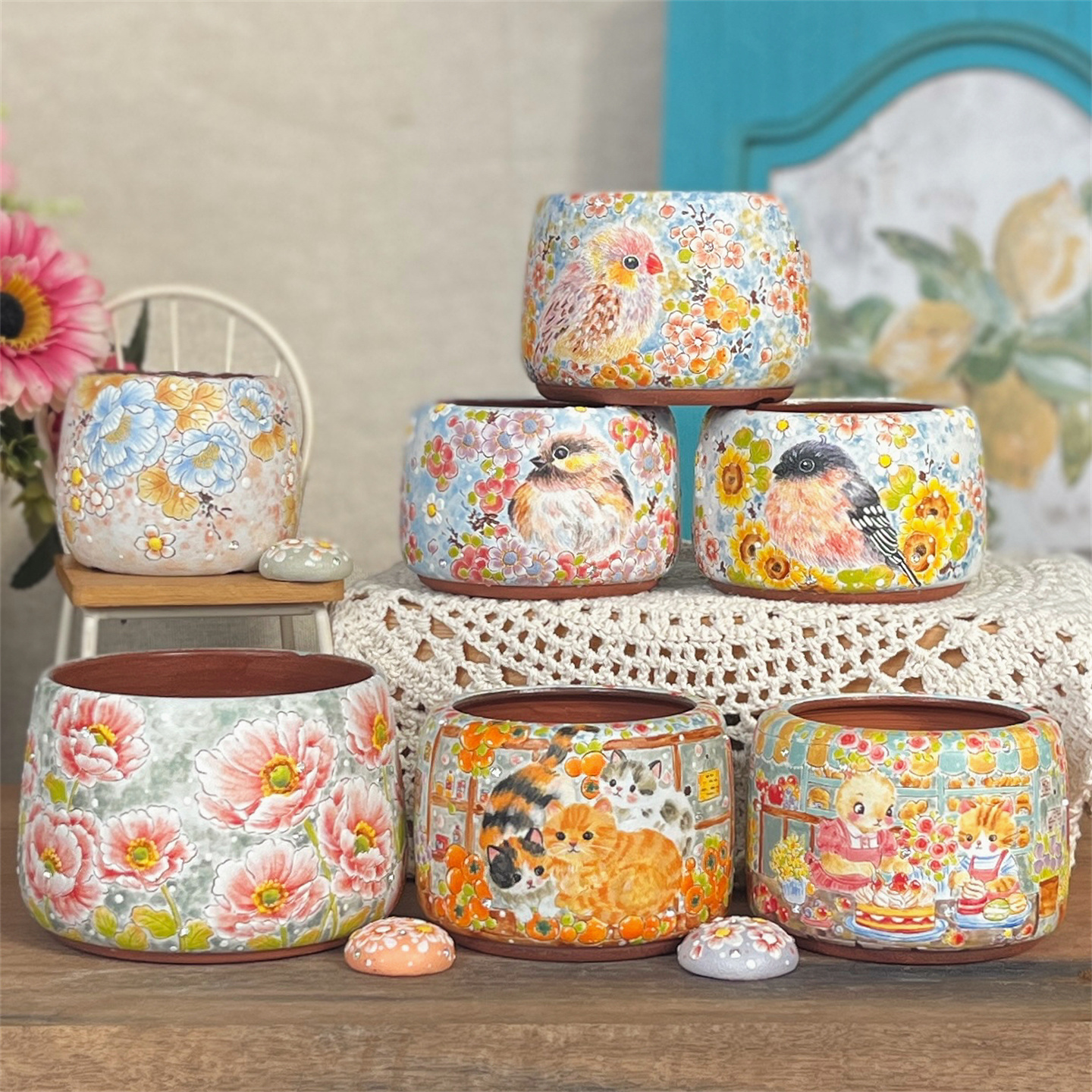 优格花器新款TD糖豆手绘创意刻画花鸟镶钻釉烧多肉盆紫砂透气包邮