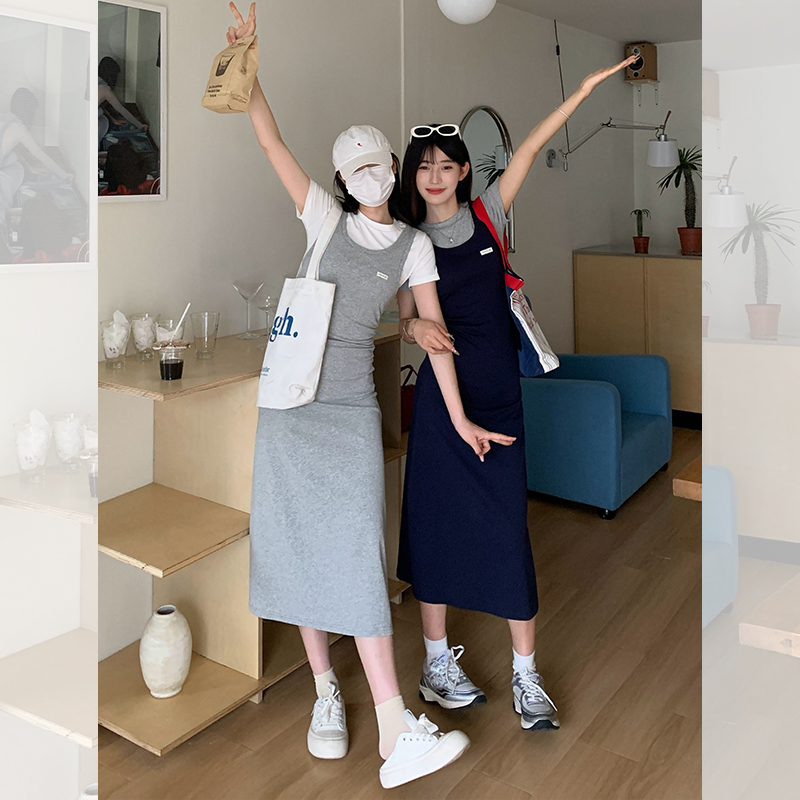 宋正恩【现货清仓】假两件短袖连衣裙女夏季收腰休闲长裙ZE6399