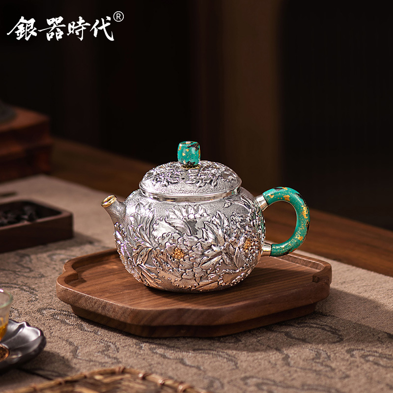 银器时代足银手工花开富贵牡丹高浮雕泡茶壶银茶壶