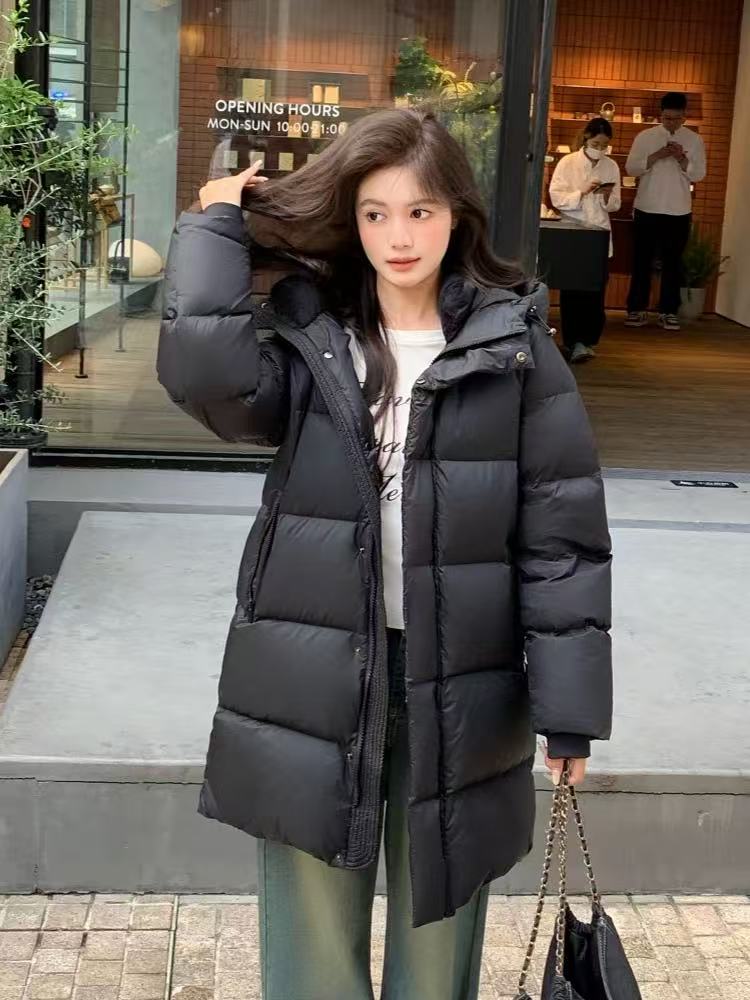333纯色加绒加厚款女士韩版连帽过膝短款中长款