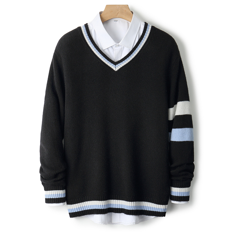 满满都是范儿~~新款男士加厚V领撞色羊绒衫 休闲宽松保暖打底衫