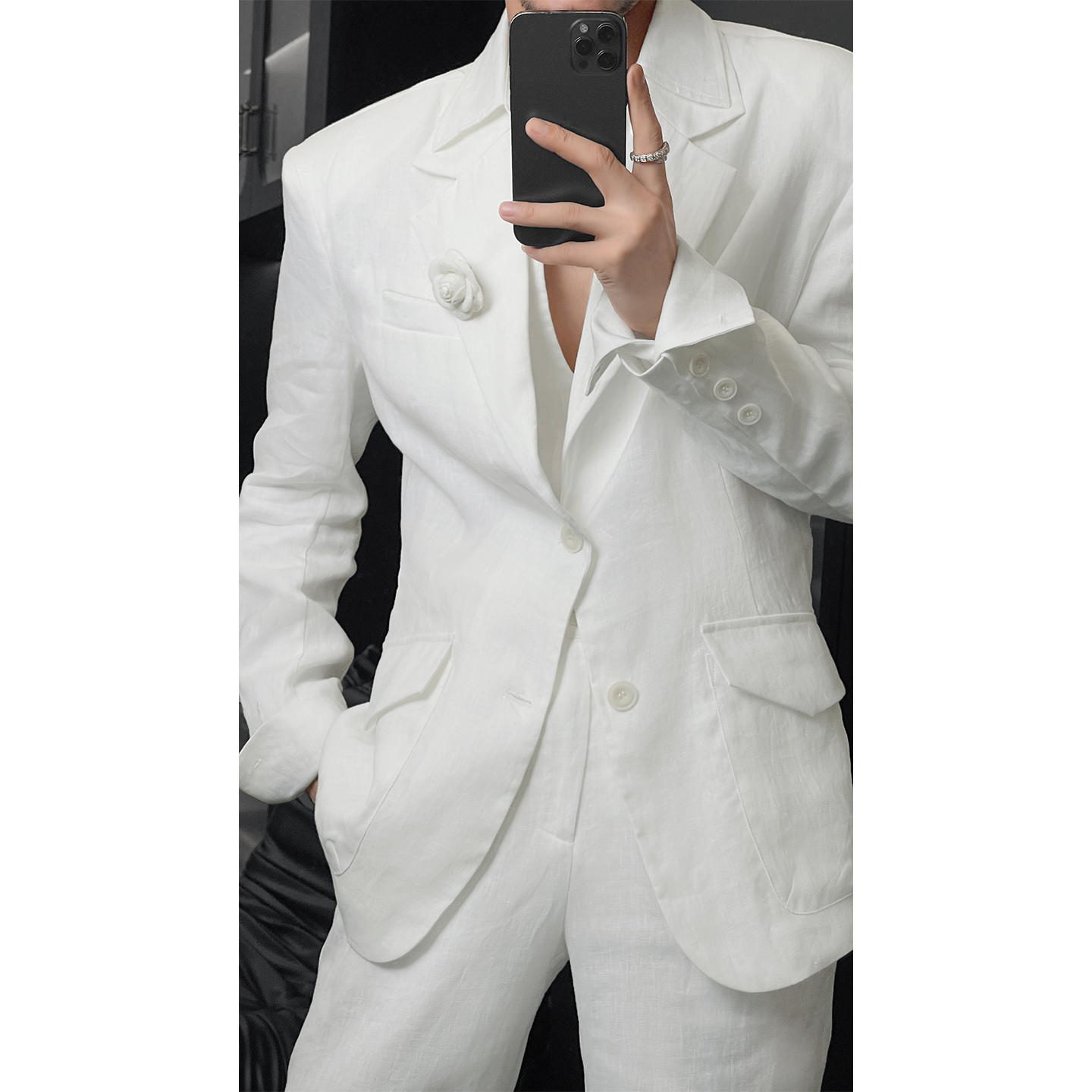 龙叨叨夏季新品简约高级感设计款亚麻衬衫西服长裤套装男