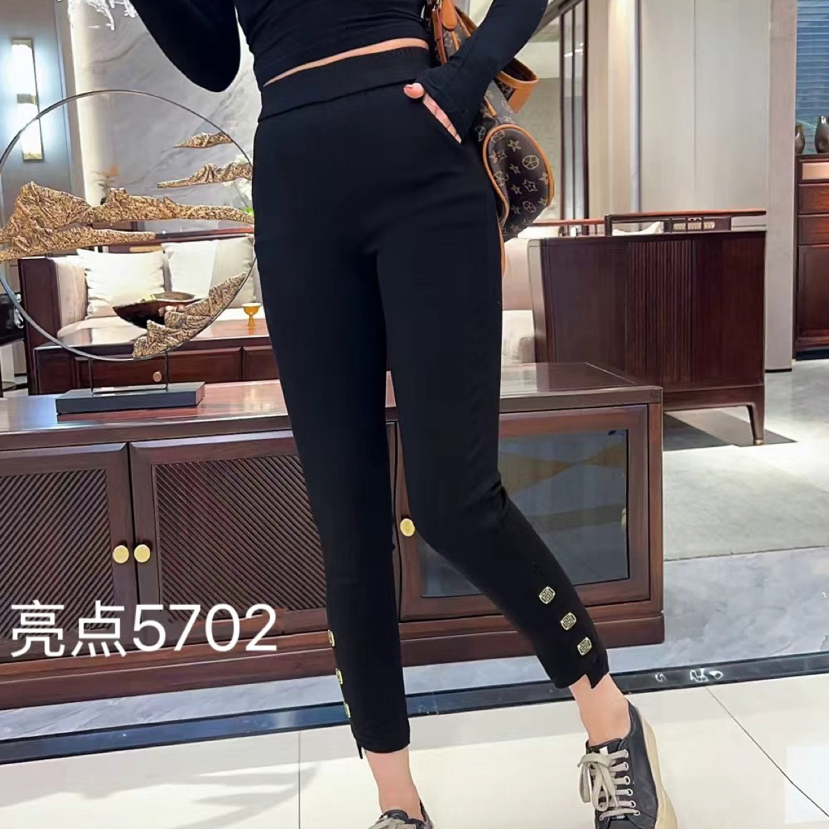 女士春秋高腰显瘦直筒九分小脚裤后开叉纽扣时尚百搭