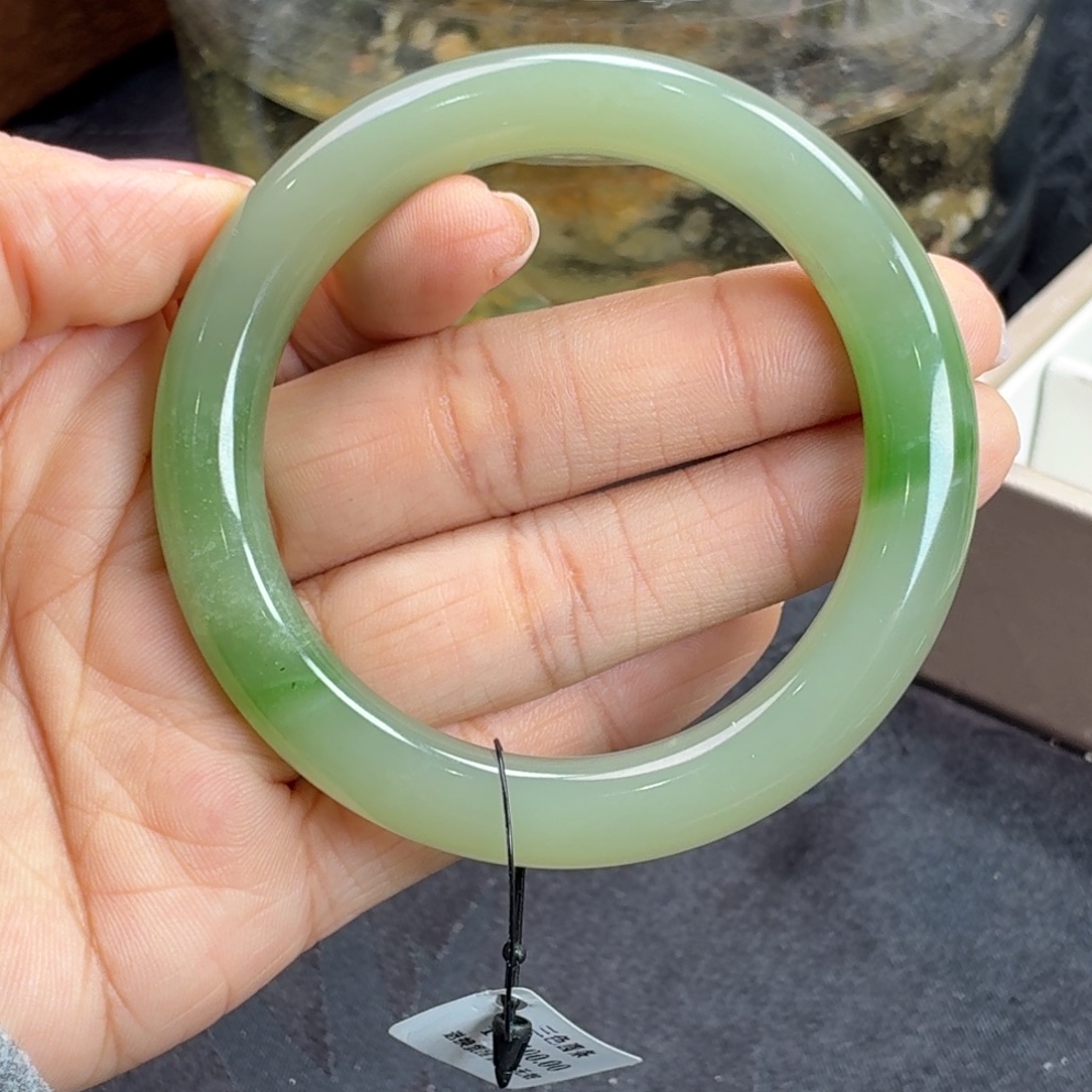 和田玉未镶嵌手镯三色翠青圆条12号