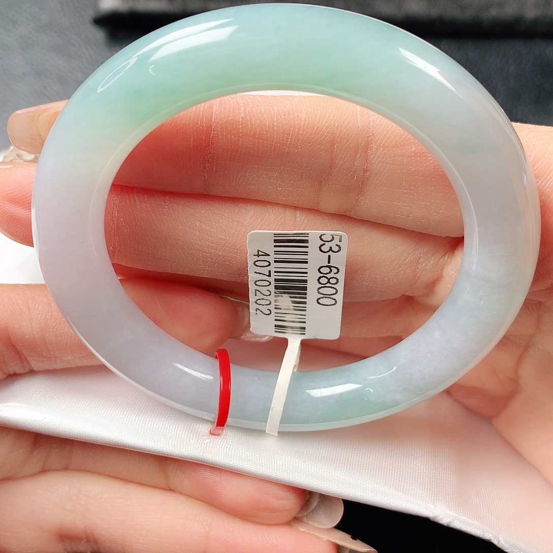 翡翠手镯未镶嵌三彩胖圆53圈口64号