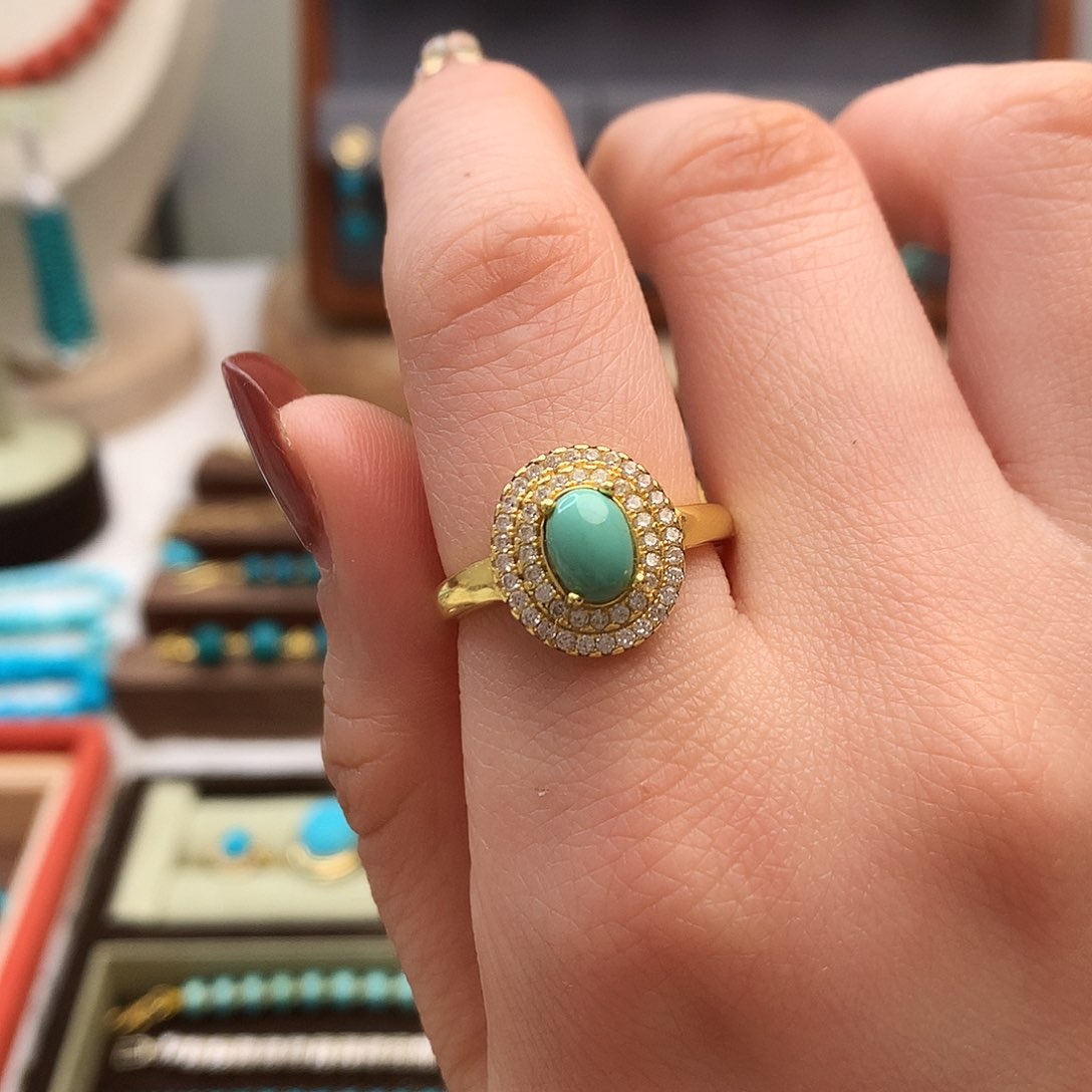 绿松石精品戒指银S925镀金镶嵌