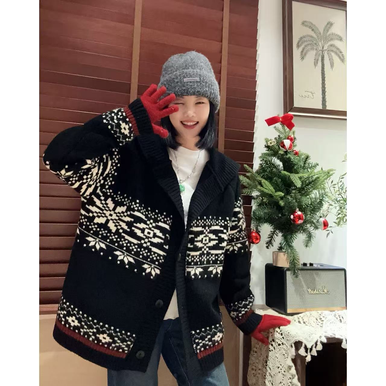 秋冬中古圣诞雪花连帽大版雪花绒针织开衫5-11-5