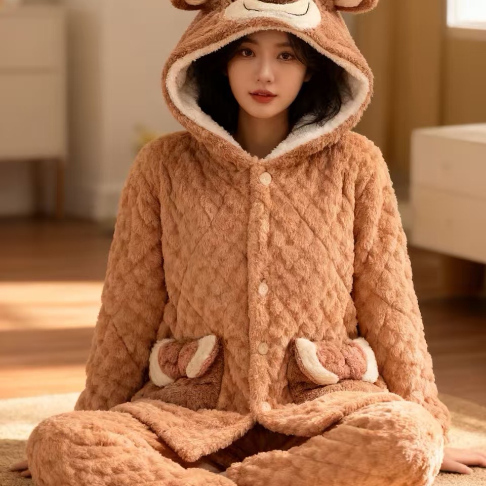 【跳跳虎】女款冬季连帽三层夹棉加厚珊瑚绒保暖可外穿睡衣