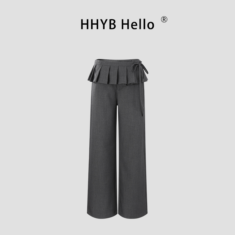 HHYB Hello2025新款中腰真两件百褶垂感百搭西装休闲裤女H50033