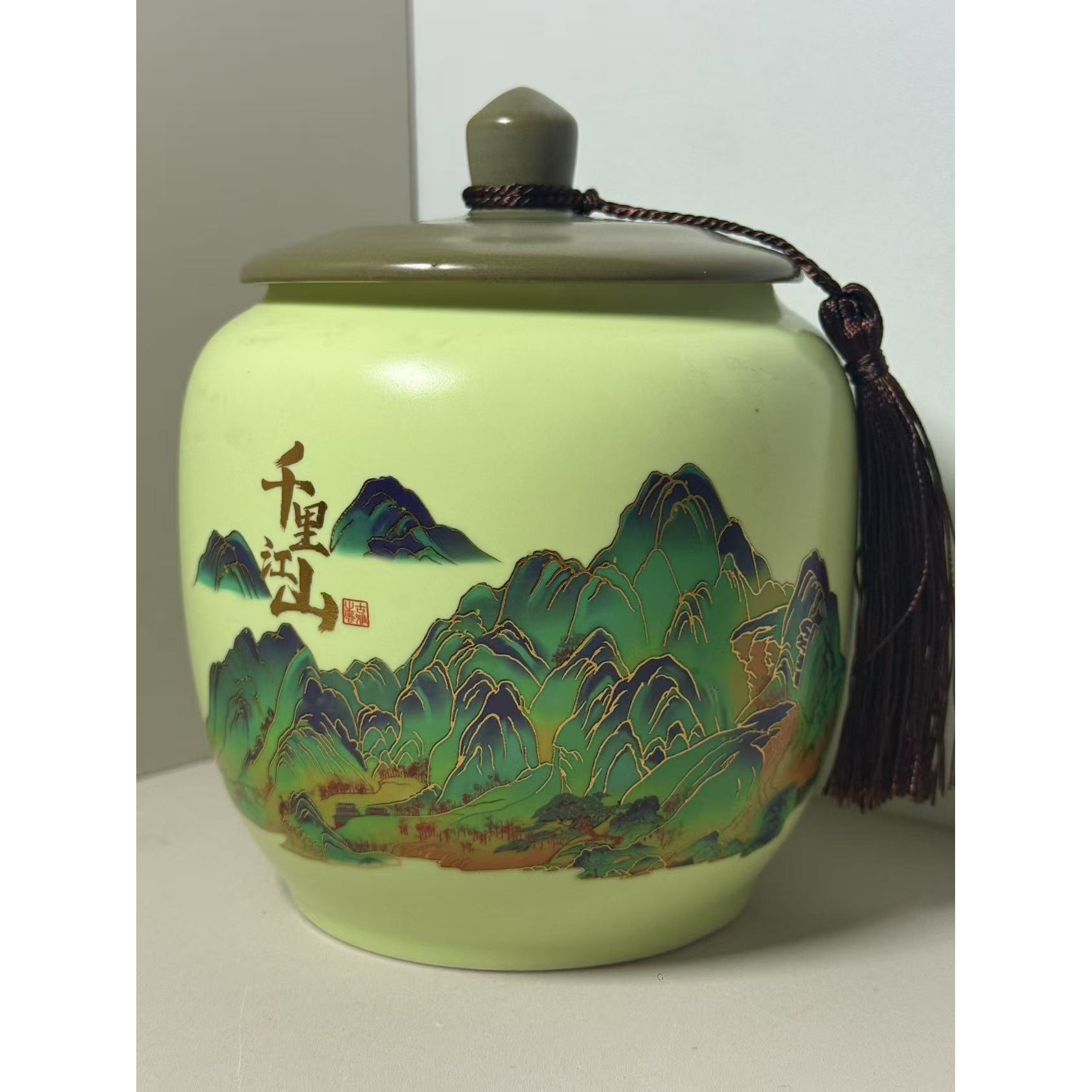 G3988-千里江山茶叶罐+流苏高档绿色大号储茶罐