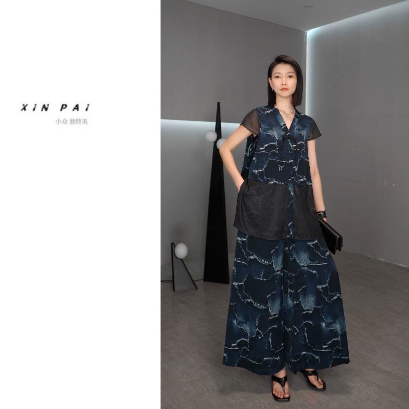 鑫鑫原创2025夏季新款套装拼接盘扣衬衫+时髦阔腿裤两件套5055
