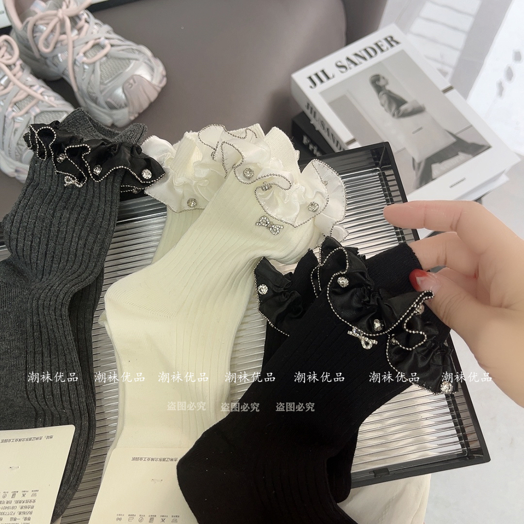 春季新款木耳花边亮钻饰品潮袜公主风洛丽塔百搭减龄堆堆袜饰品袜