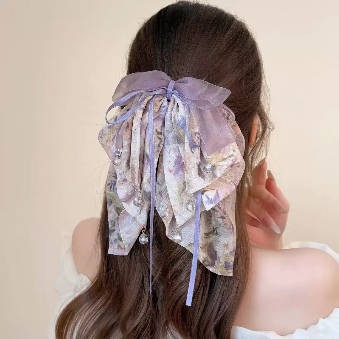 多层紫色碎花绢纱蝴蝶结马尾夹飘逸甜美飘带抓夹百搭发夹新款3764