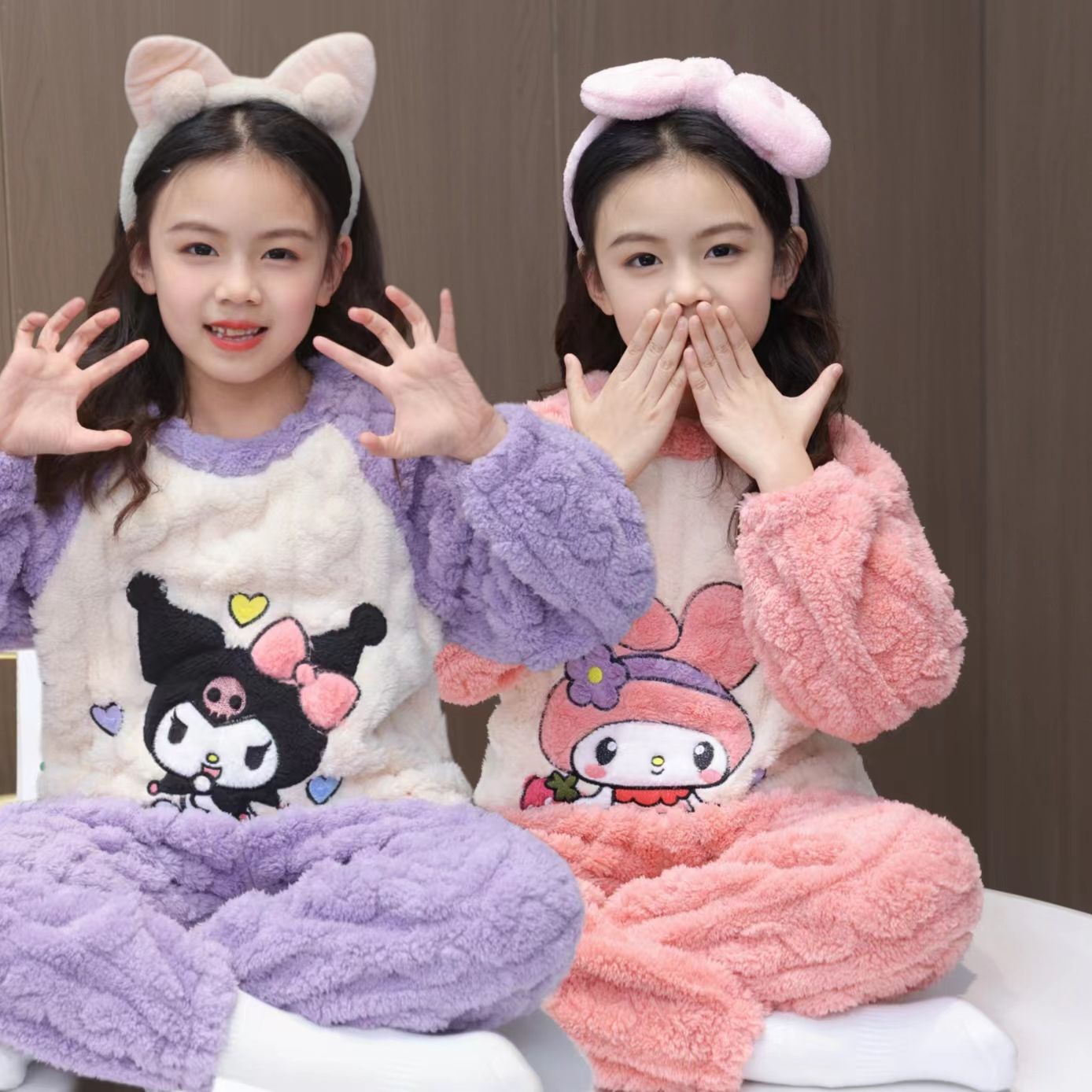 儿童法兰绒睡衣套装2025秋冬款库洛米女童加厚家居服卡通珊瑚套装