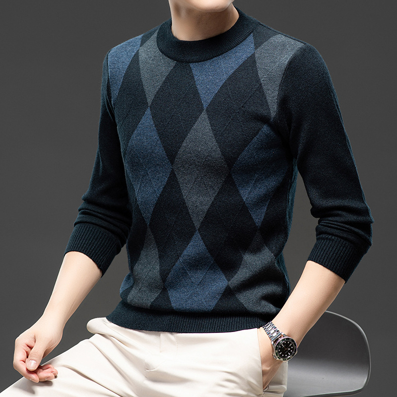 秋冬新款男士绵羊毛加厚圆领针织衫几何图案毛衣8871/017