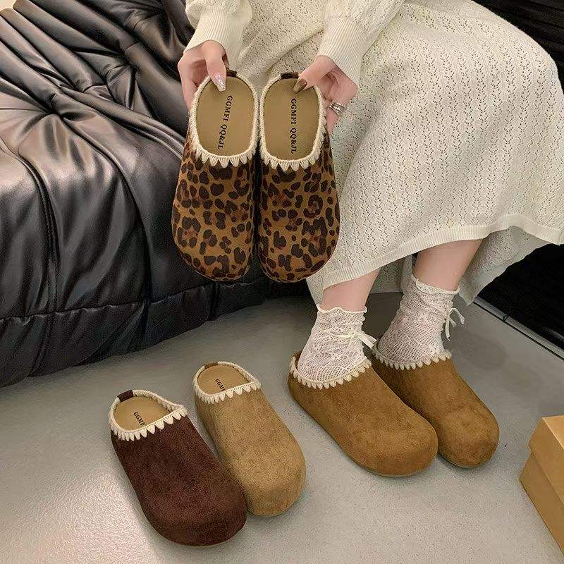 金属包头拖软底刺绣磨砂皮纯色百搭松糕跟秋冬季半拖6011拖鞋2025