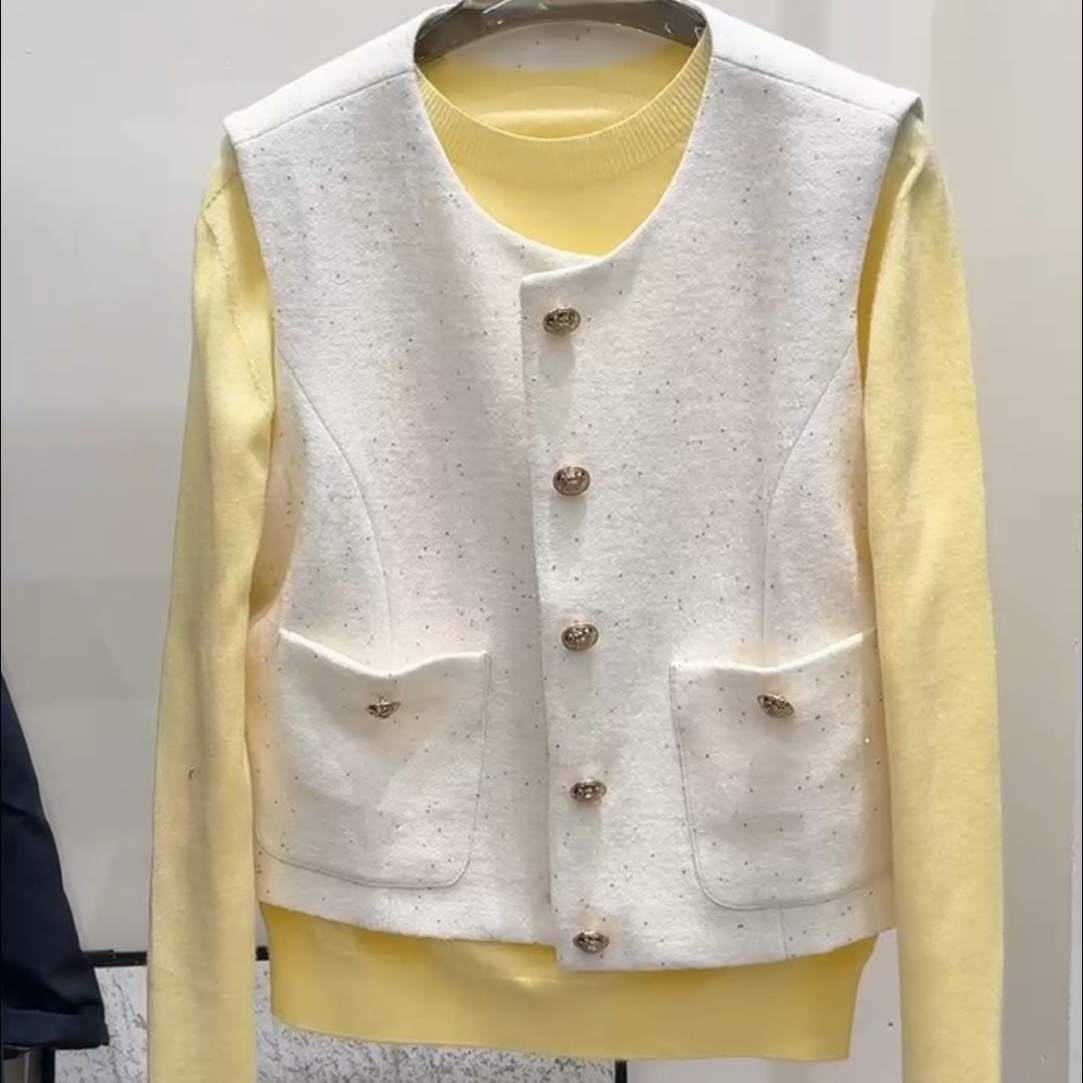 D50849法式网红马夹短款女装圆领拼接秋季气质女