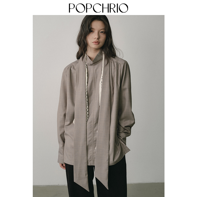 POPCHRIO◆复古刺绣格纹格子飘带衬衫松弛感宽松叠穿长袖衬衣女冬