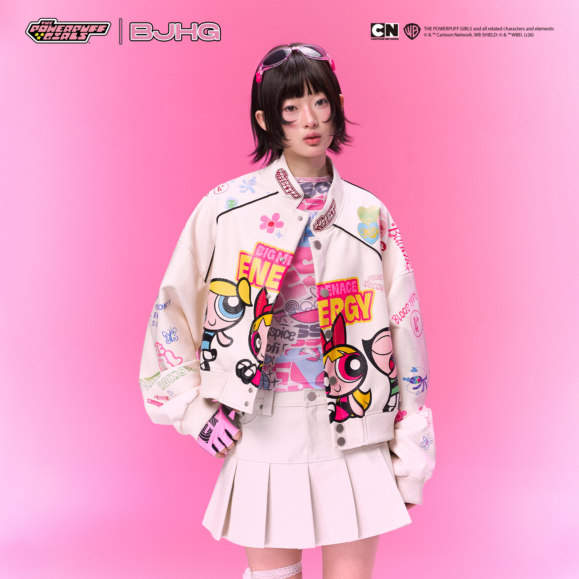 【飞天小女警联名】BJHG不计后果短款皮衣外套女春印花棒球服夹克男