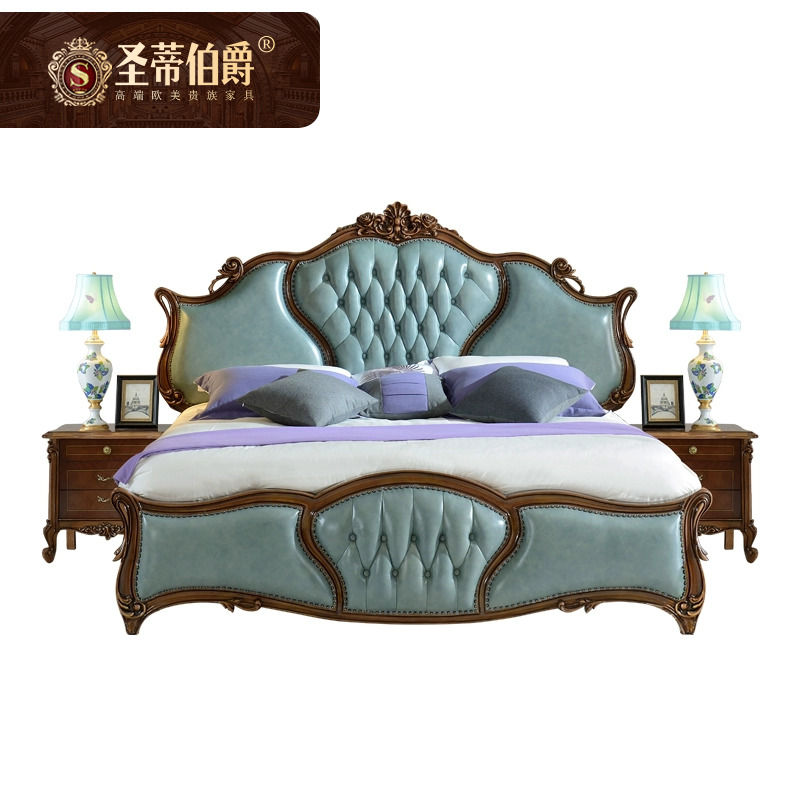圣蒂伯爵美式全实木床复古风真皮2米双人婚床主卧室皮艺软包大床