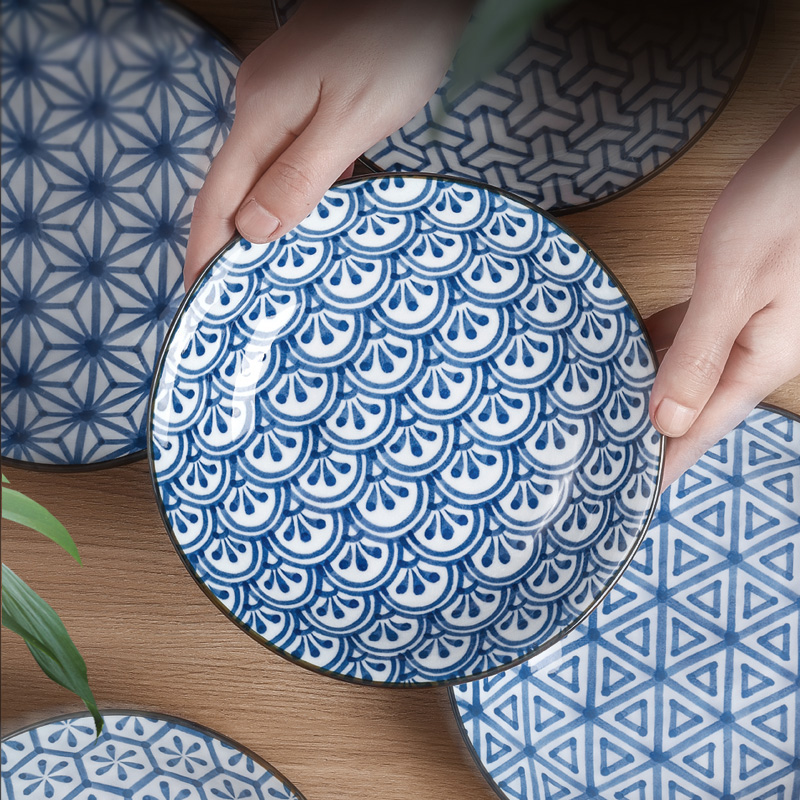 内山窑龟甲花菱8英寸圆盘家用餐盘釉下彩高温陶瓷