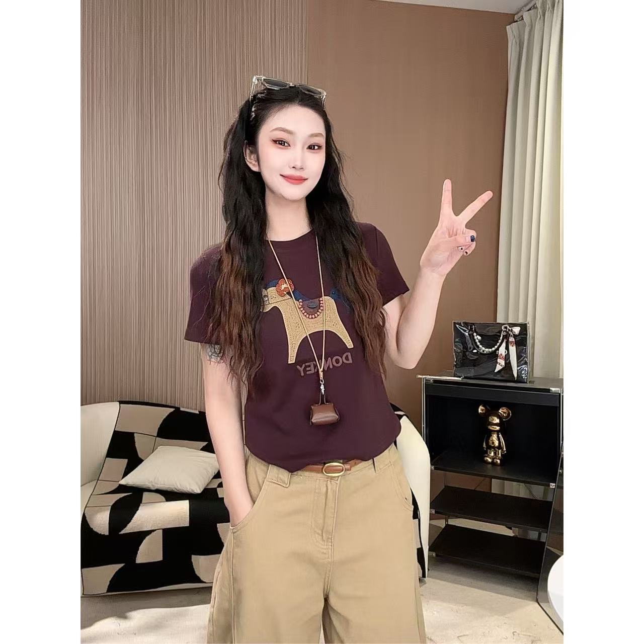 ANGEL HUE-春夏「编织小马」贴布绣串珠绣立体钩花软糯短袖T恤10200