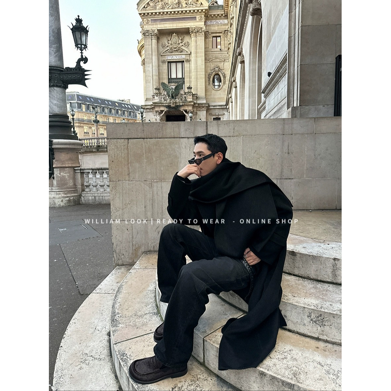 威廉威【黑山】羊驼羊毛双面手工呢围巾廓形深黑大衣C775