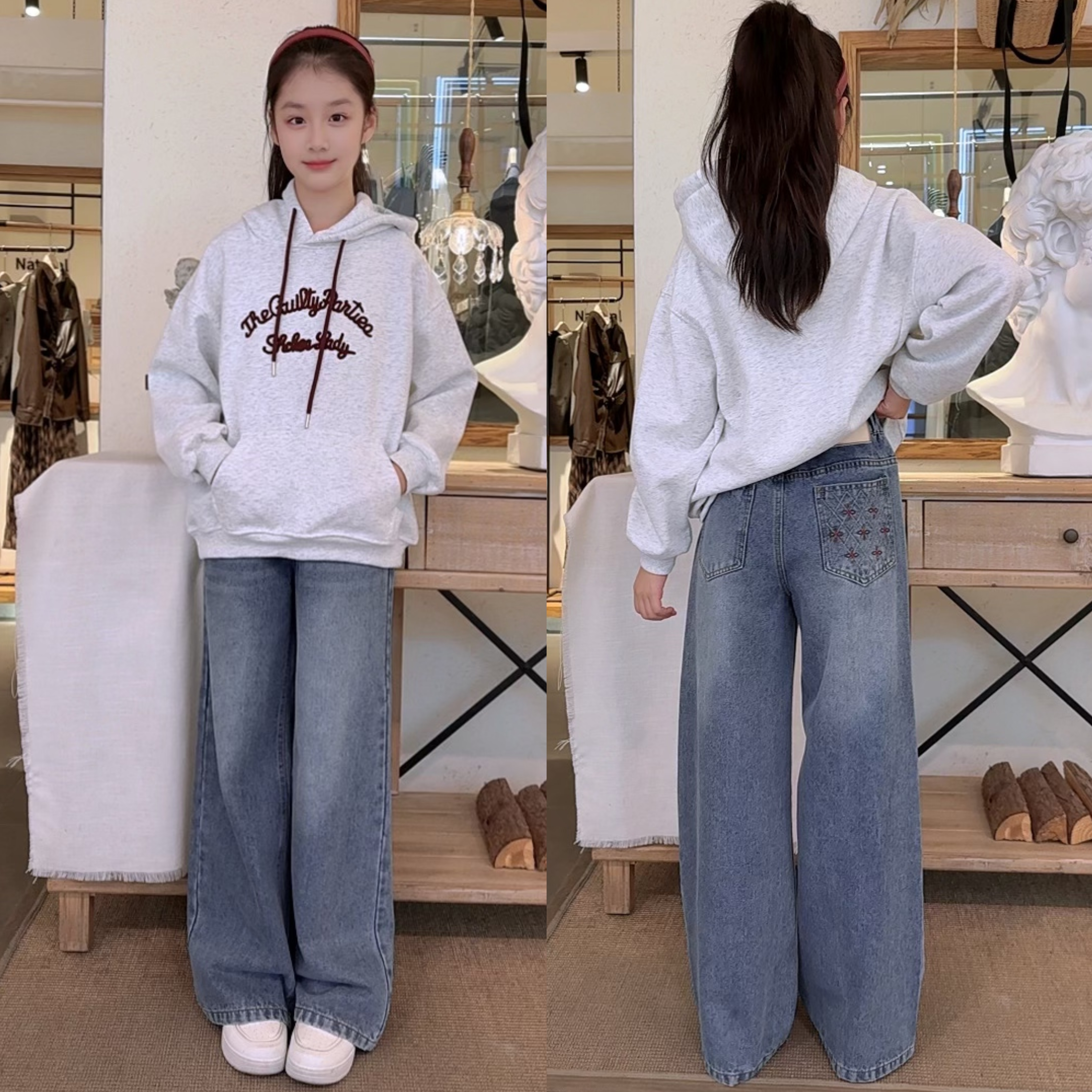 女童秋冬休闲风牛仔直筒裤套头卫衣穿搭女孩秋季显瘦阔腿裤时尚潮