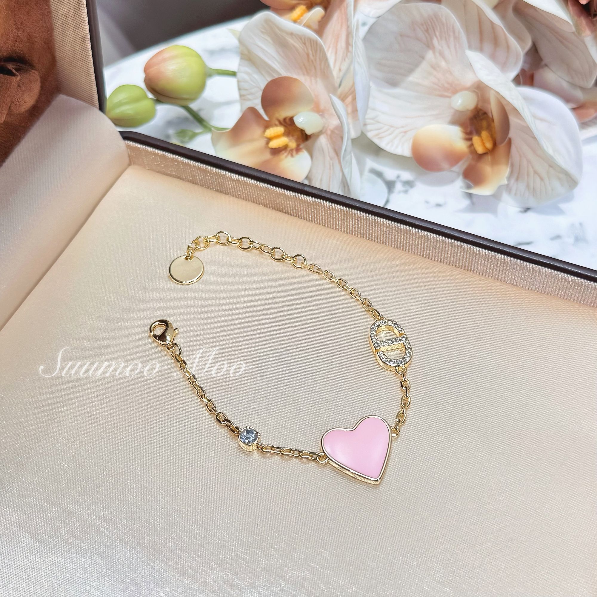 铜合金合成锆石手链 时尚早春新款粉色桃心手链
