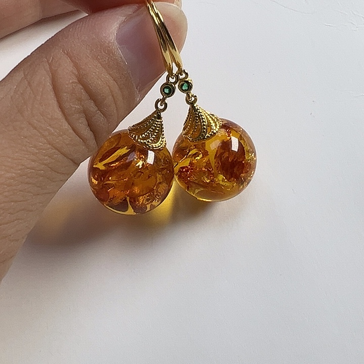 琥珀（花珀）银S925镶嵌耳饰