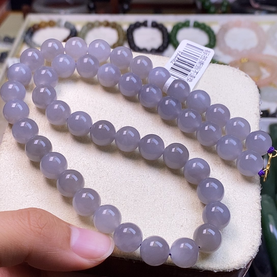 和田玉未镶嵌颈饰毕业级老矿料高冰烟紫18.k.妈妈链10m