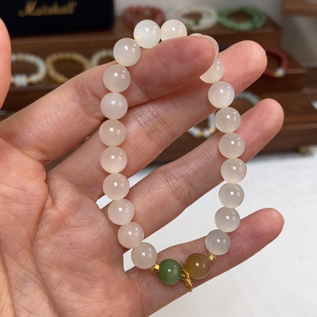 和田玉18K金镶嵌手链8mm高冰猫蜂蜜水精品