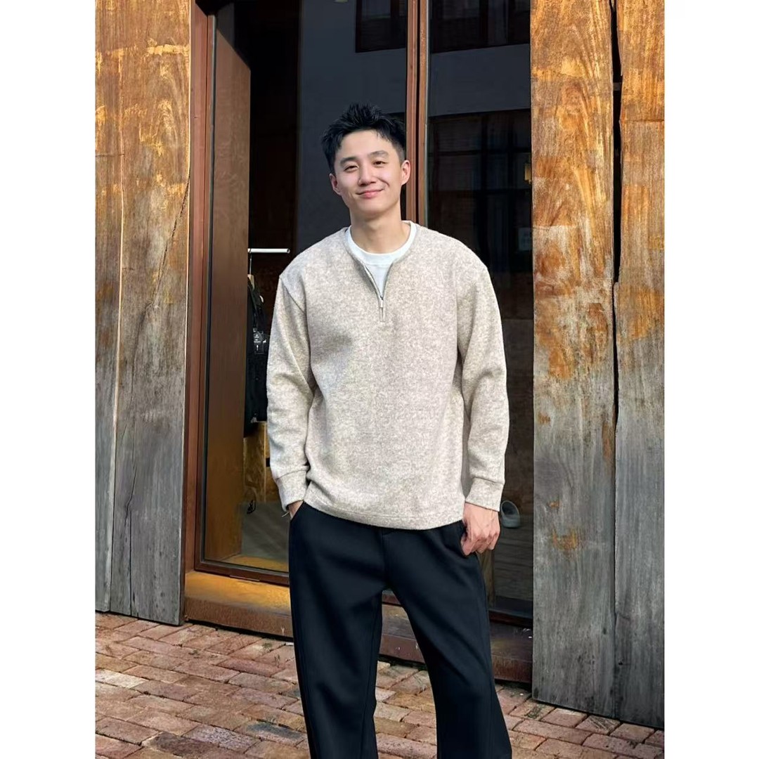 密歇根绵假两件半拉链老钱V领宽松情侣百搭卫衣 57003