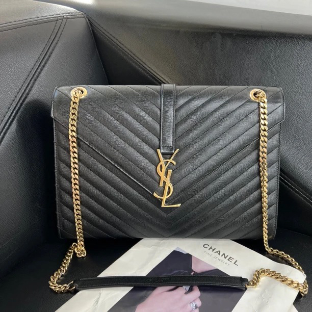 95新 YSL/圣罗兰 捐金沉珠/大号信封黑色翻盖经典